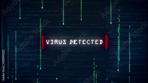 Virus detected warning alert over binary computer code, computer infected with a virus glitch and noise background effect photo