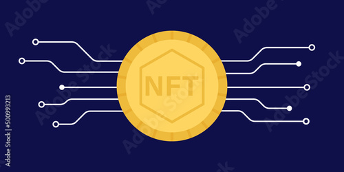Vector gold coin NFT. Non fungible token illustration on blue background.