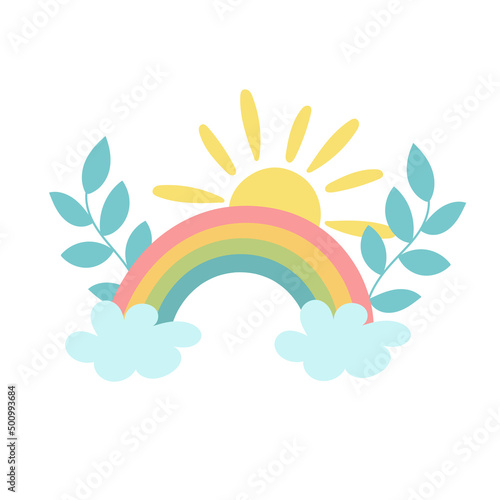Vector baby rainbow illustration. Hand drawn nursery modern rainbow. Cute design for baby shower, kids clothes print, card.