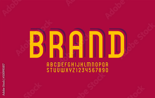 Narrow font, condensed alphabet sans serif with shadow, letters and numbers