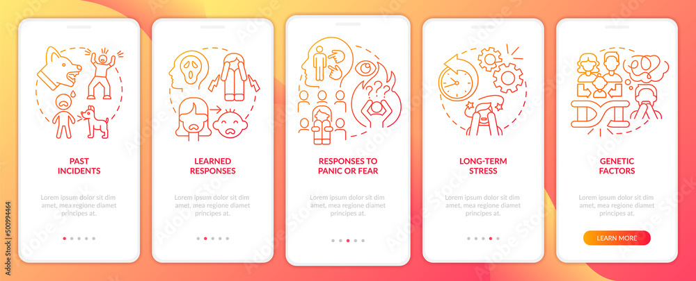 Phobia causes red gradient onboarding mobile app screen. Anxiety disorder walkthrough 5 steps graphic instructions pages with linear concepts. UI, UX, GUI template. Myriad Pro-Bold, Regular fonts used Phobia causes red gradient onboarding mobile app screen. Anxiety disorder walkthrough 5 steps graphic instructions pages with linear concepts. UI, UX, GUI template. Myriad Pro-Bold, Regular fonts used
