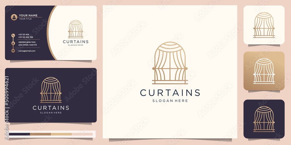 curtains logo design with line art style minimalist concept and business card template. curtains logo design with line art style minimalist concept and business card template.