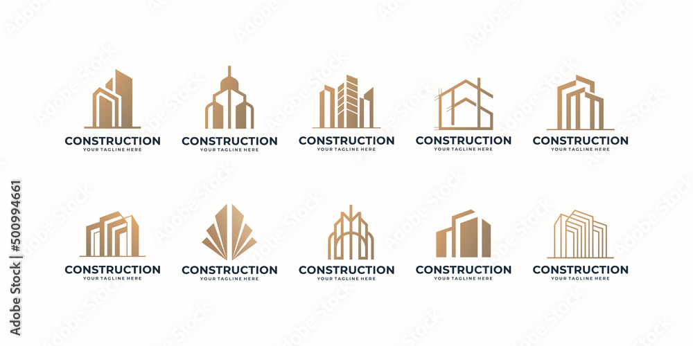 Set of abstract construction logo template design. real estate logo. mega collection investment with golden color for building, architecture, apartment.