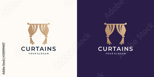 curtain fabric logo design template. inspiration curtains, gold color, circus logo.