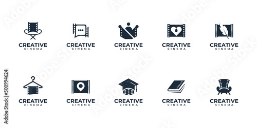 Icon Set cinema logo design. random concept, film strips, production logo, dual meaning concept. industry film inspiration. collection cinema design, movie clip.