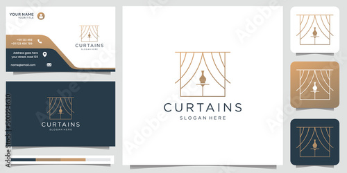 minimalist curtains logo design inspiration with gradient gold color and business card.