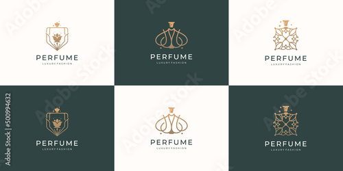 set perfume bottle logo design with golden color inspiration. logo for fashion, skincare, beauty. minimalist perfume logo aroma design icon template.