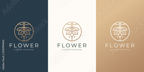 feminine abstract flower logo with circle frame. golden color, luxury fashion, feminine logo.