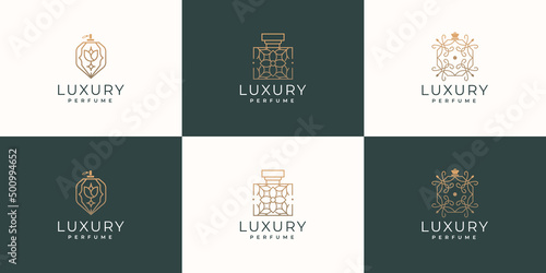 bottles perfume logo set design. inspiration with golden color, fashion, skincare, collection.