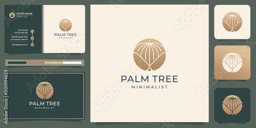 minimalist circle palm tree logo design inspirations with business card and golden color concept style.