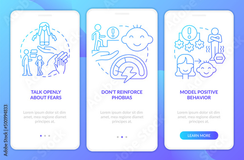 Helping child blue gradient onboarding mobile app screen. Overcome phobia walkthrough 3 steps graphic instructions pages with linear concepts. UI, UX, GUI template. Myriad Pro-Bold, Regular fonts used