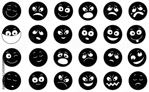 Set of funny round emoticons with smiling, sad and many other faces of toy characters with different emotions, vector cartoon illustrations on a white background