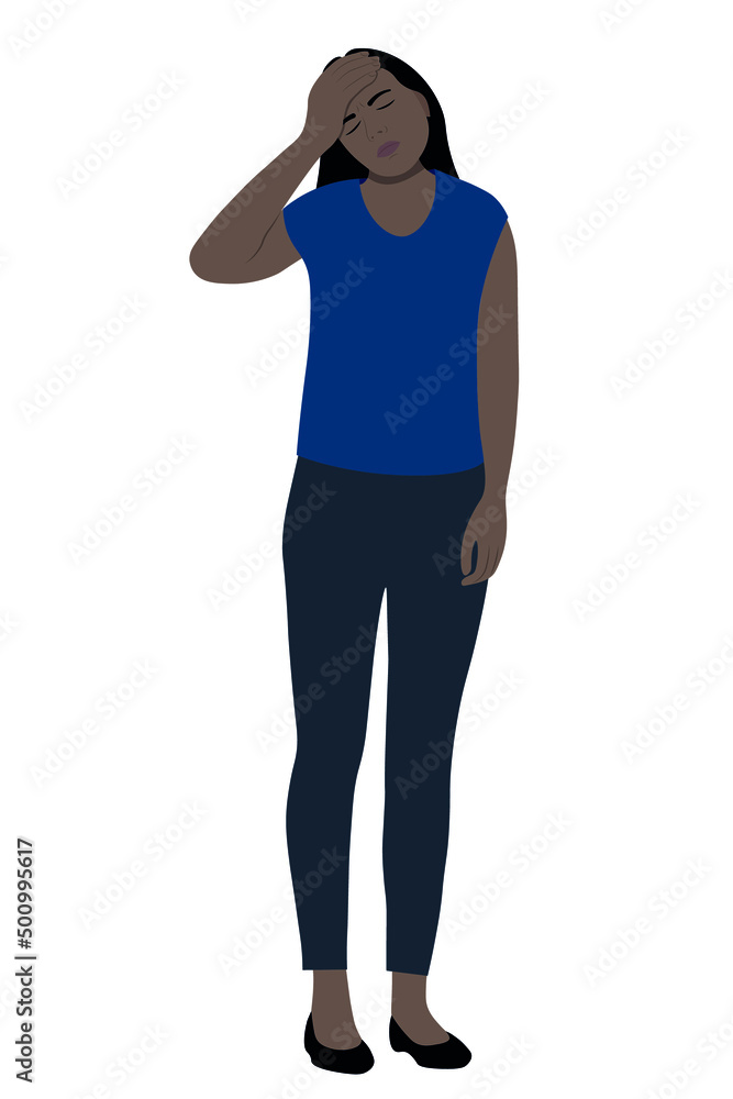 Portrait of a dark-skinned girl with a headache, a flat vector on a white background, the girl put her hand to her head Portrait of a dark-skinned girl with a headache, a flat vector on a white background, the girl put her hand to her head