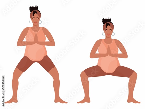 Smiling pregnant woman doing plie. Simple pregnancy exercises for every trimester. Isolated on a white background. Trendy hand-drawn vector flat cartoon illustration.