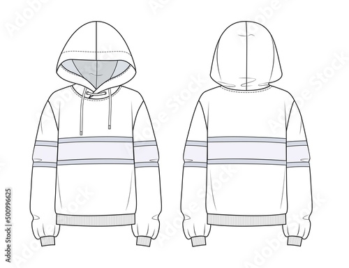   Hoodie fashion flat sketch template. Women Sweatshirt design fashion flat sketch template. Unisex oversized Hoodie front, back, white.
