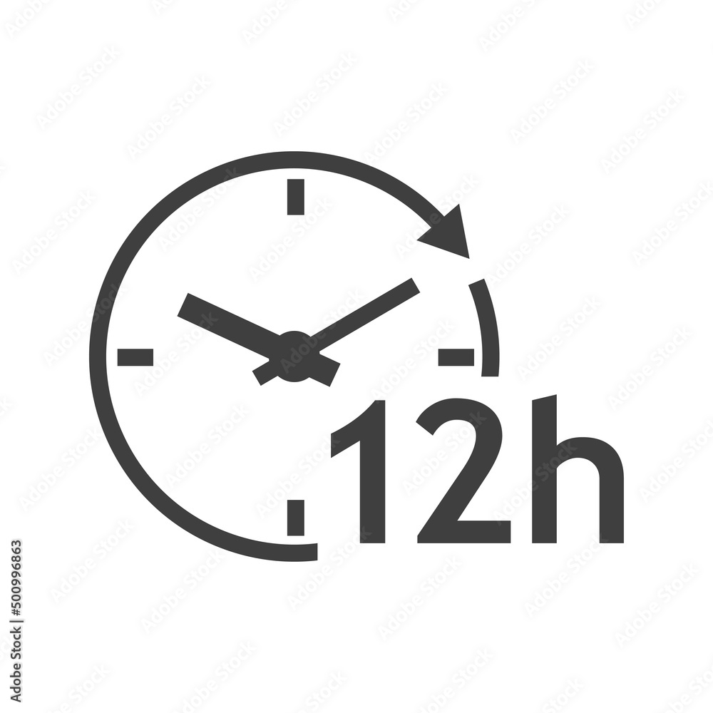 Logo con texto 12 h con silueta de esfera de reloj simple con líneas con forma de flecha en círculo en color gris Logo con texto 12 h con silueta de esfera de reloj simple con líneas con forma de flecha en círculo en color gris