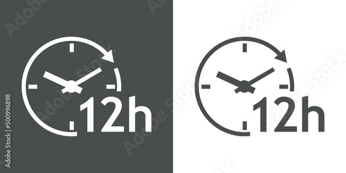 Logo con texto 12 h con silueta de esfera de reloj simple con líneas con forma de flecha en círculo en fondo gris y fondo blanco
