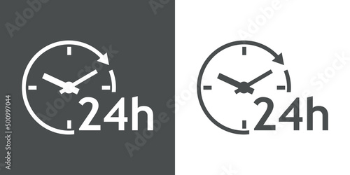 Logo con texto 24 h con silueta de esfera de reloj simple con líneas con forma de flecha en círculo en fondo gris y fondo blanco