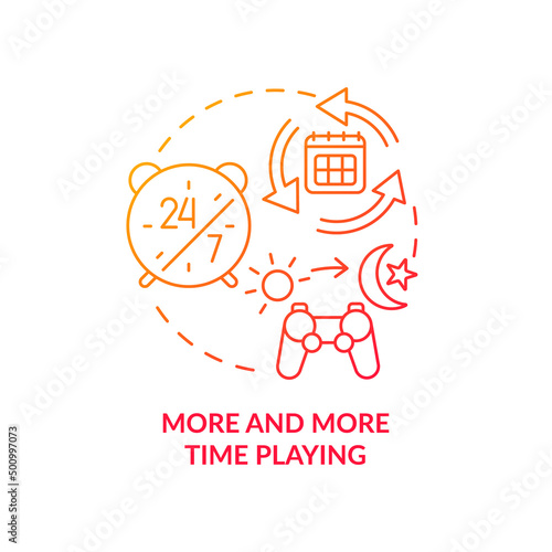 More and more time playing red gradient concept icon. Increasing term. Sign of game addiction abstract idea thin line illustration. Isolated outline drawing. Myriad Pro-Bold font used
