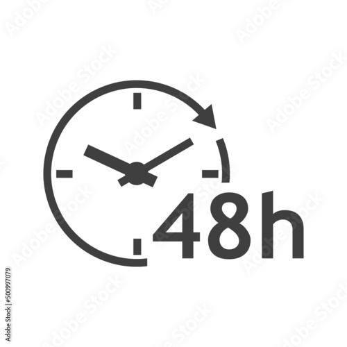 Logo con texto 48 h con silueta de esfera de reloj simple con líneas con forma de flecha en círculo en color gris