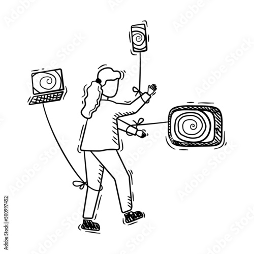 Vector illustration of one girl connected to the technologies in doodle style.