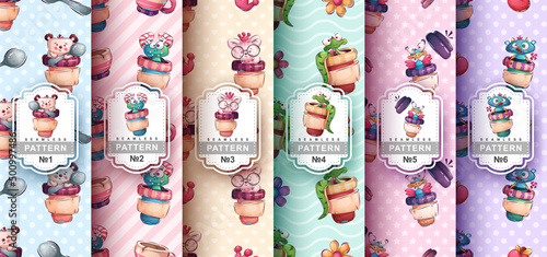 Set childish cartoon character animal in cup seamless pattern