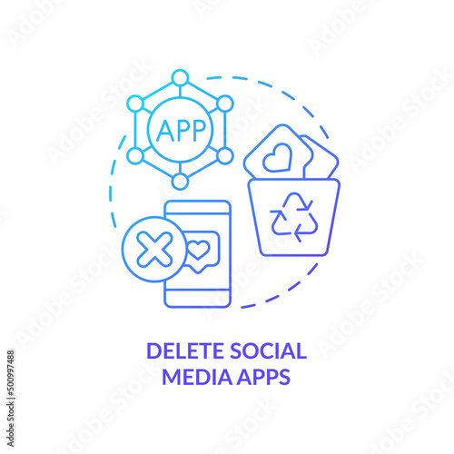 Delete social media apps blue gradient concept icon. Way to break social networks addiction abstract idea thin line illustration. Isolated outline drawing. Myriad Pro-Bold font used