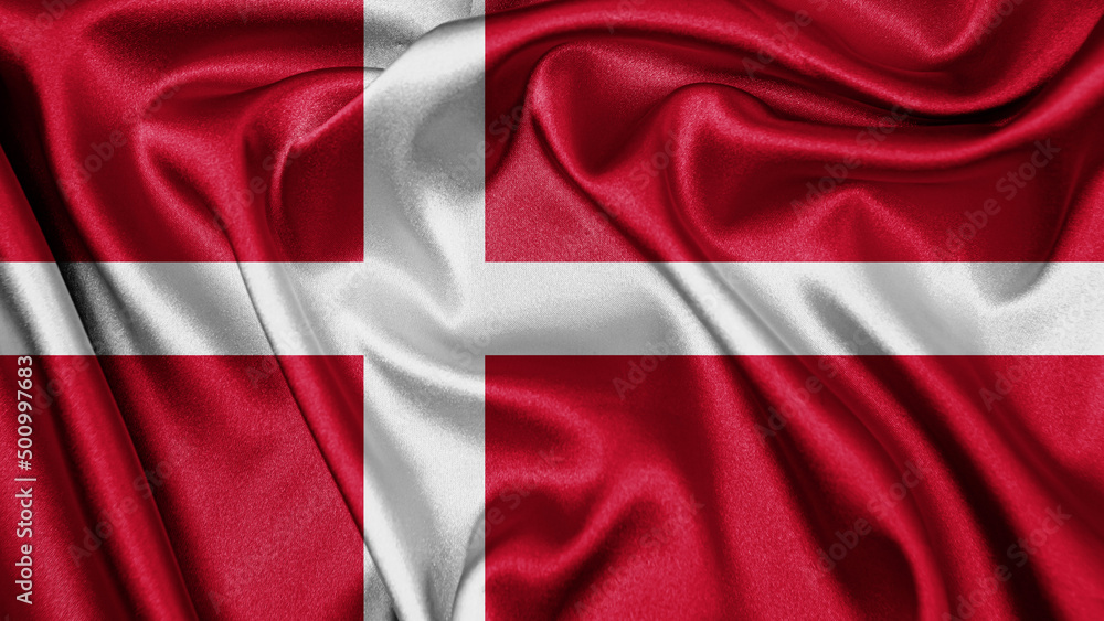 Fototapeta premium Close up realistic texture fabric textile silk satin flag of Denmark waving fluttering background. National symbol of the country. 5th of June, Happy Day concept 