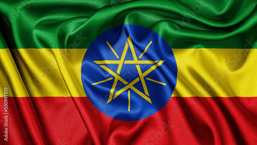 Close up realistic texture fabric textile silk satin flag of Ethiopia waving fluttering background. National symbol of the country. 28th of May, Happy Day concept 