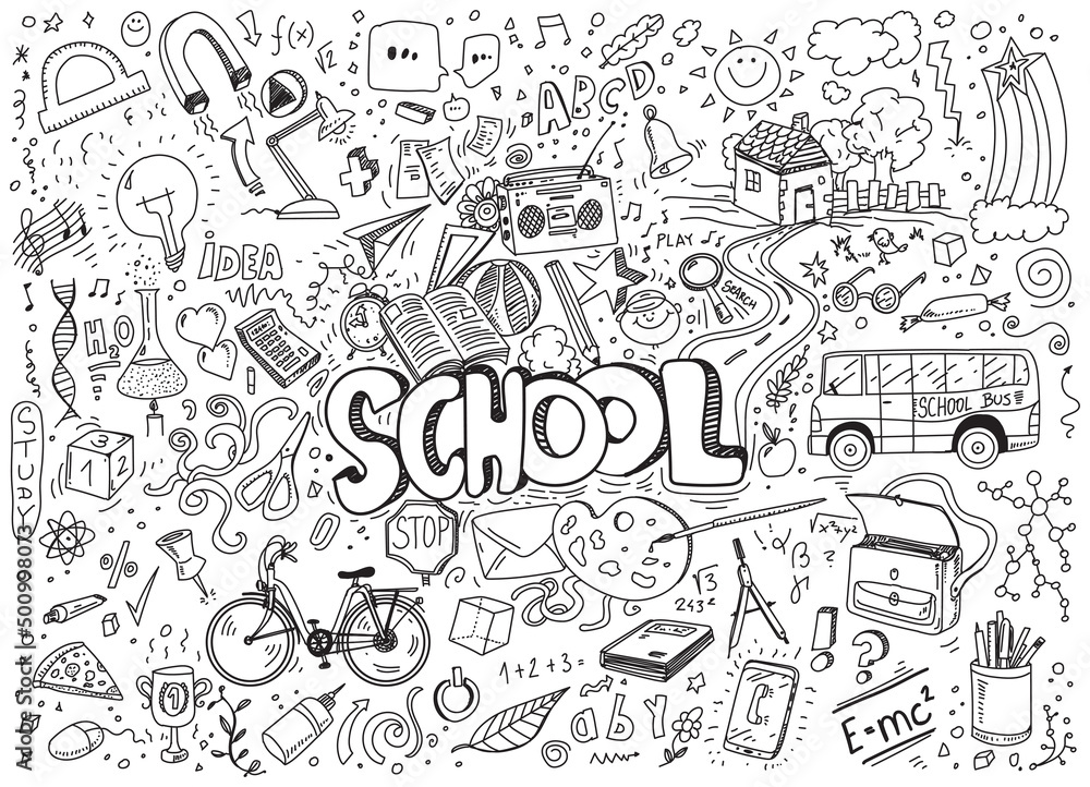 School doodles, hand drawn vector illustration on white background