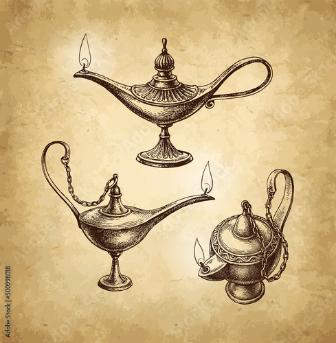 Oriental oil lamps etching illustration.
