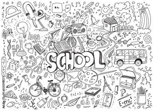 School doodles, hand drawn vector illustration on white background