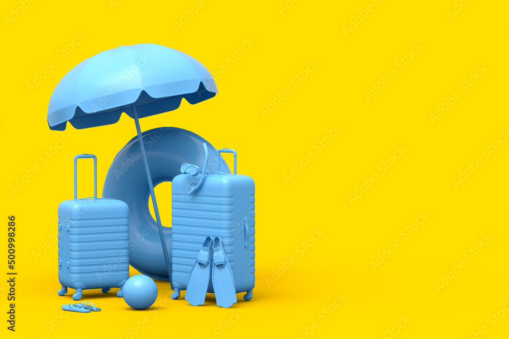 Obraz premium Suitcase with beach umbrella and inflatable ring on monochrome yellow background