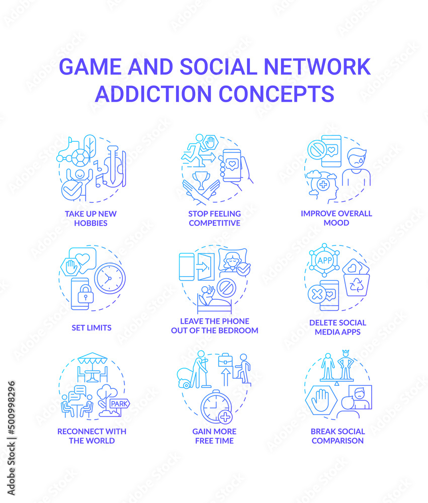 Game and social network addiction blue gradient concept icons set. Obsession idea thin line color illustrations. Isolated symbols. Editable stroke. Roboto-Medium, Myriad Pro-Bold fonts used