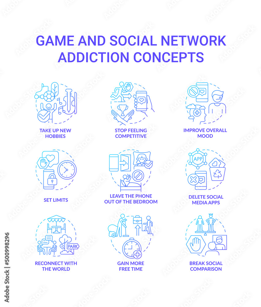 Game and social network addiction blue gradient concept icons set. Obsession idea thin line color illustrations. Isolated symbols. Editable stroke. Roboto-Medium, Myriad Pro-Bold fonts used Game and social network addiction blue gradient concept icons set. Obsession idea thin line color illustrations. Isolated symbols. Editable stroke. Roboto-Medium, Myriad Pro-Bold fonts used