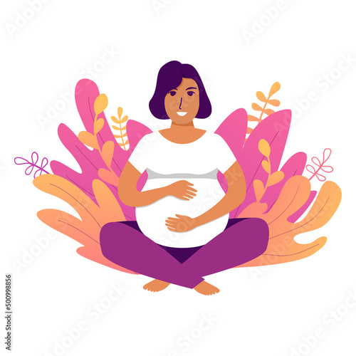 Pregnant woman makes yoga.Concept for yoga character meditation. Lotus pose girl.Isolated on white background. Vector flat illustration.