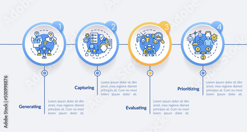 Innovation management process circle infographic template. Generating. Data visualization with 4 steps. Process timeline info chart. Workflow layout with line icons. Lato-Bold, Regular fonts used