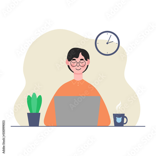 Men working with computer. Concept illustration, working process, management, freelance, office, work from home, business meeting via internet, communication. Bright colorful vector illustratio photo