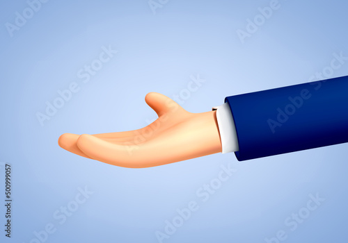 Cartoon 3D hand showing something, demonstrating, holding something, isolated on blue background. Vector hand gesture in 3d cartoon style