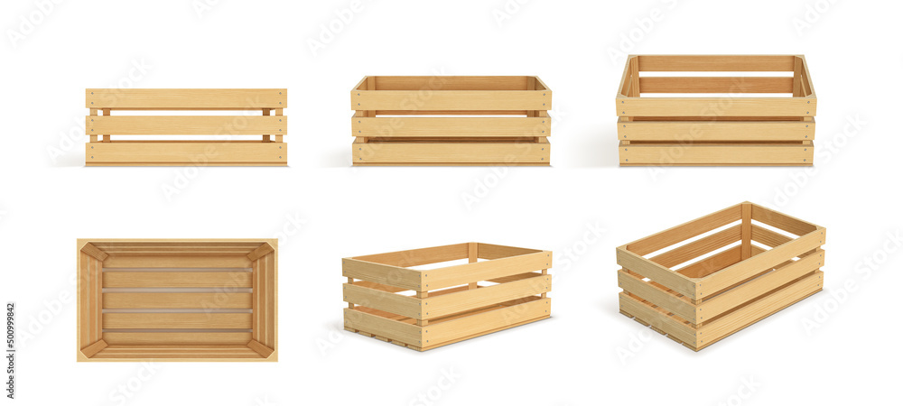 Vector realistic cargo storage wooden box isolated on white background. Wooden fruit box with holes. Box for storage and transportation of food.