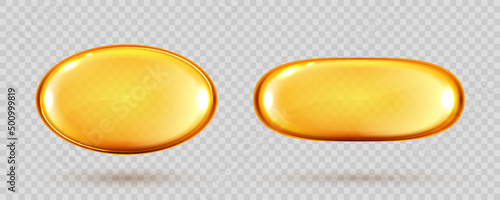 Gold oil capsules. Vitamin round pill. Cosmetics, omega 3 golden bubble. Serum droplets or collagen essence isolated on transparent background