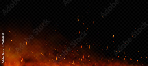 Vector red fire sparks flying up. Burning glowing particles. Flame of fire with sparks isolated on a black transparent background.