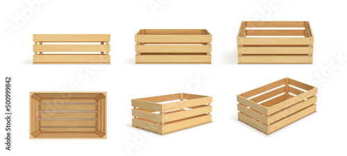 Vector realistic cargo storage wooden box isolated on white background. Wooden fruit box with holes. Box for storage and transportation of food.