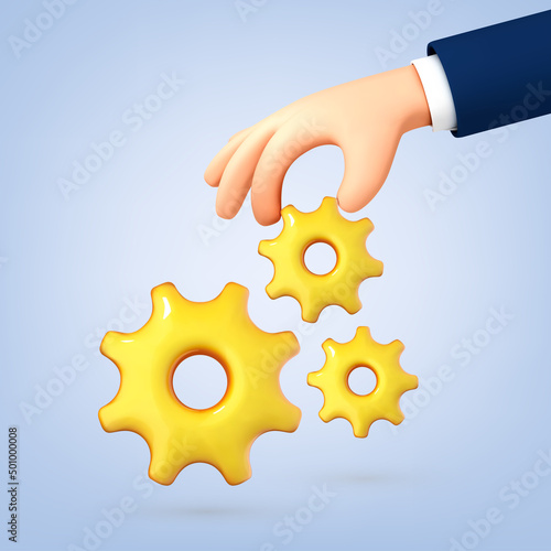 3D cartoon hand holding gear sign. Professional tool icon. Renovation service concept. Vector 3d illustration.