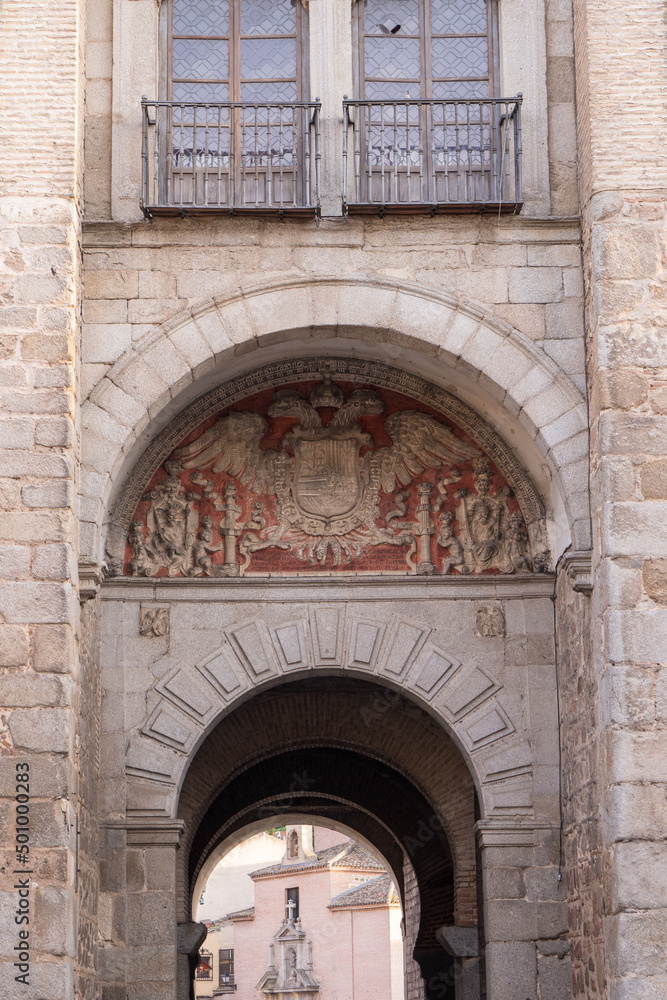 Picture of the Bisagra Door in Toledo city, with detail. Architecture of the arabic city in Spain.