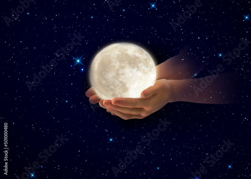 hands hold moon on front of starry sky night cosmic univerce keep the peace concep