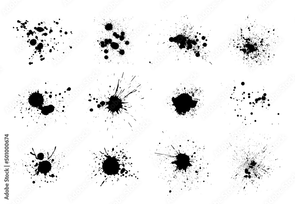 Black ink splatter isolated on white background. Vector watercolor paint brush texture. Ink splash and stain set. Grunge spray drop spatter, dirty blot splatters and splat. Abstract splash blobs - obrazy, fototapety, plakaty 