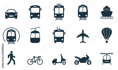Vehicle, Air, Railway, Bike, Motorcycle Transport Silhouette Icon Set. Car, Bus, Tram, Train, Metro, Plane and Ship Glyph Symbol. Public Transport Stop Station Sign. Isolated Vector Illustration