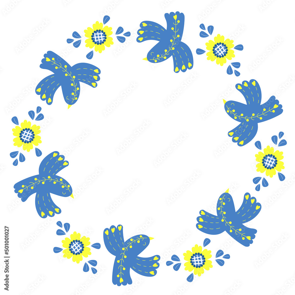 Round beautiful frame with blue birds and yellow flowers. Postcard napkin in yellow and blue, colors of Ukrainian flag. Vector illustration. Floral pattern for decor, design, print and napkins