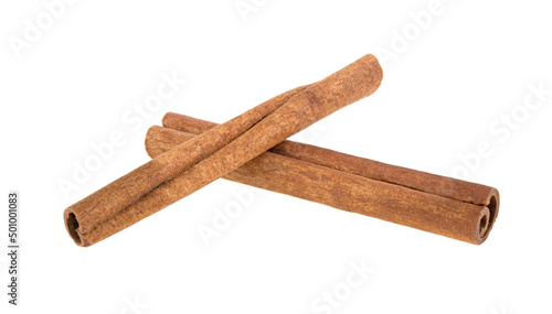 two cinnamon sticks isolated on white background